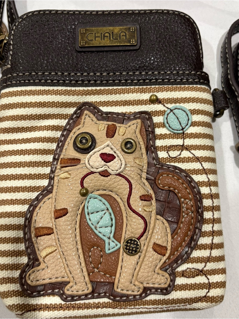 Chala Beige & Brown Striped Cat Crossbody with Aqua Fish Accent